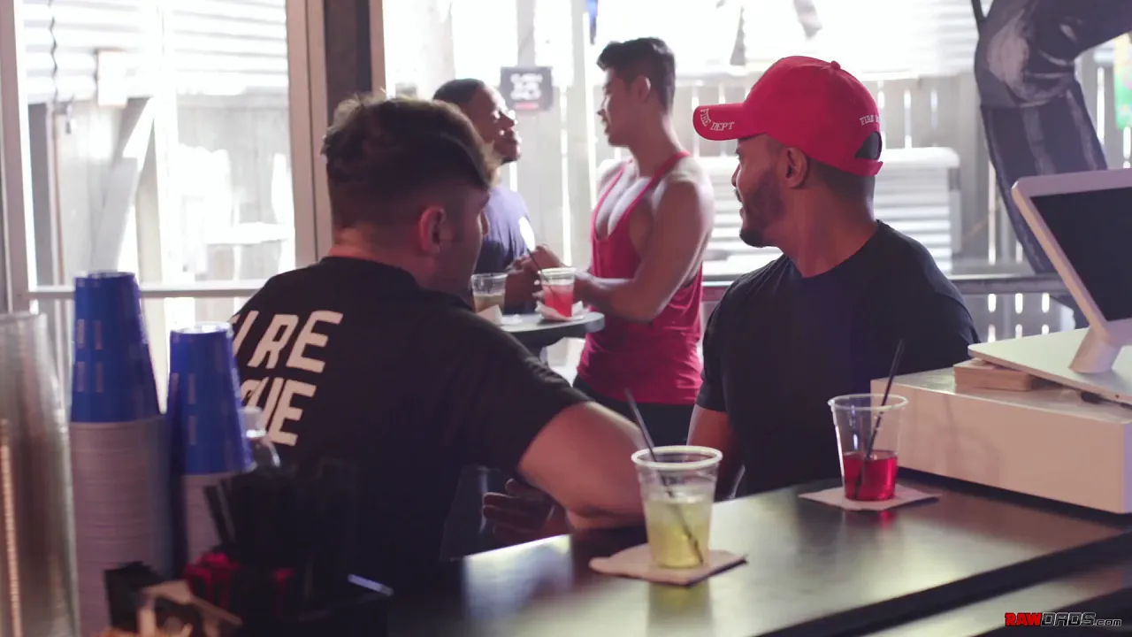 Gay firefighters Dillon Diaz and Michael fuck bareback and trade oral at the club