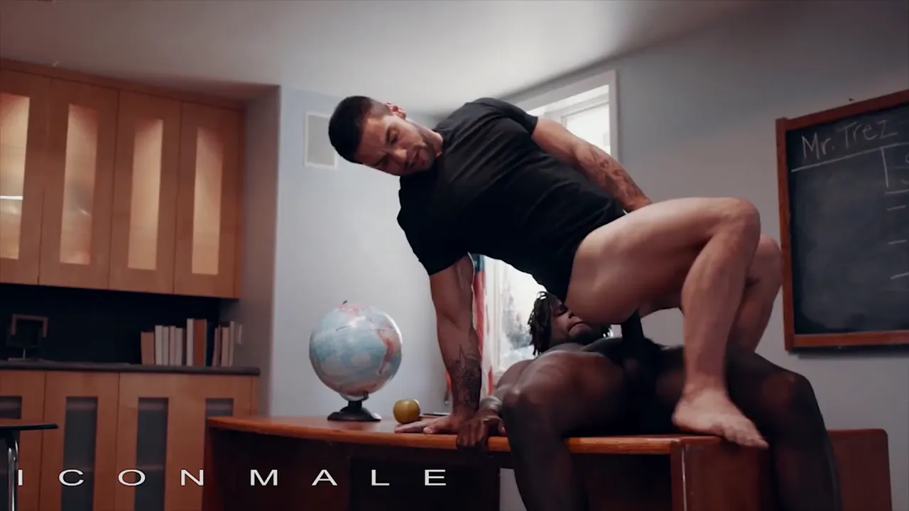 Gay muscle hunk Devin Trez gets a blowjob and rough bareback sex from his student