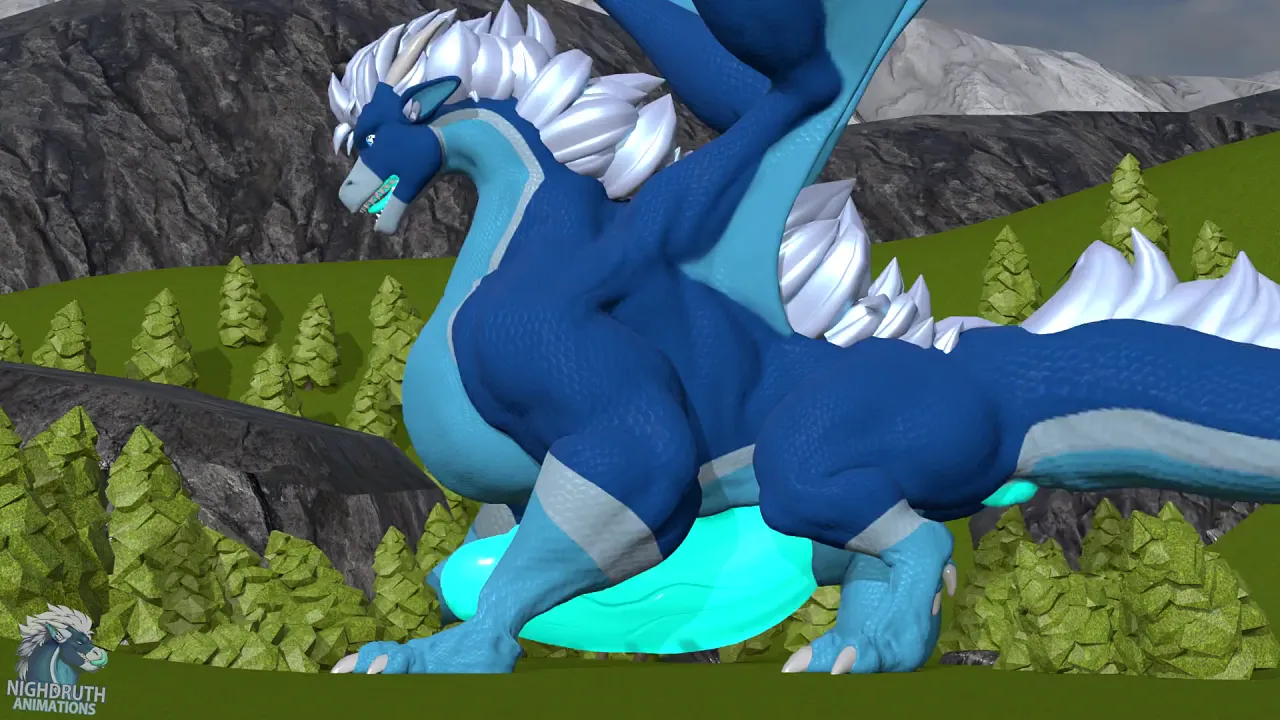 Gay cartoon daddy dragon's huge cock grows in night scene