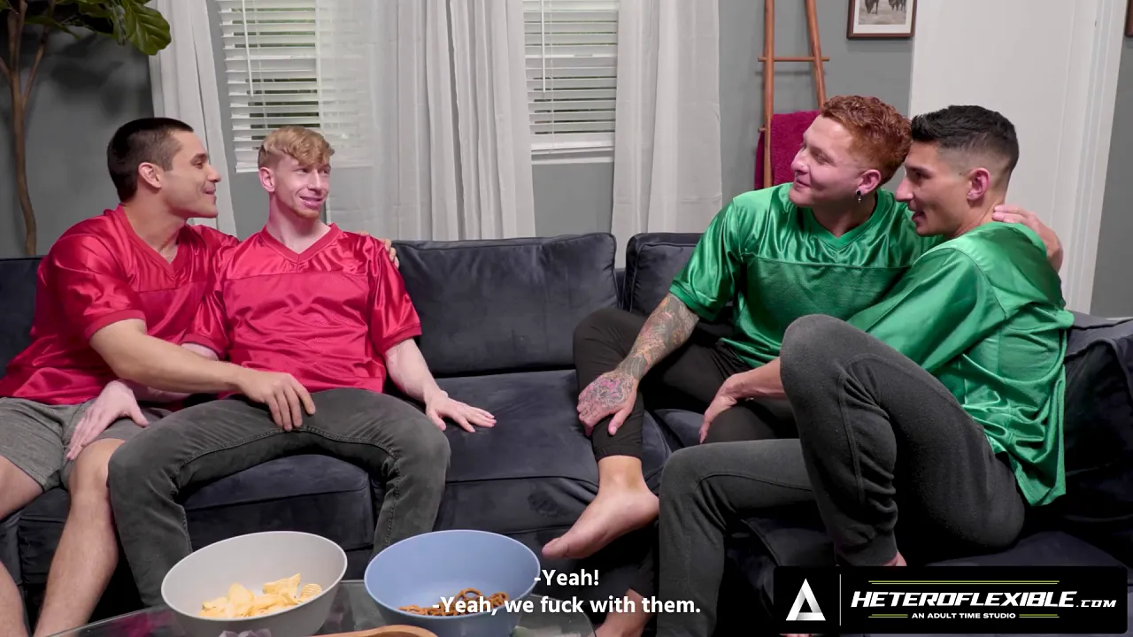 Horny frat boys have a wild bareback group fuck after football night