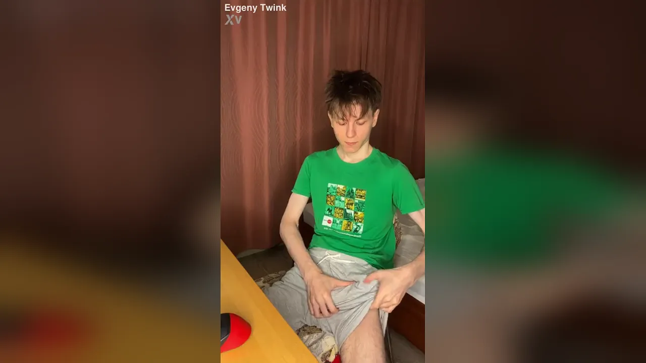Cute skinny solo twink jacks off his huge uncut cock to a massive cumload