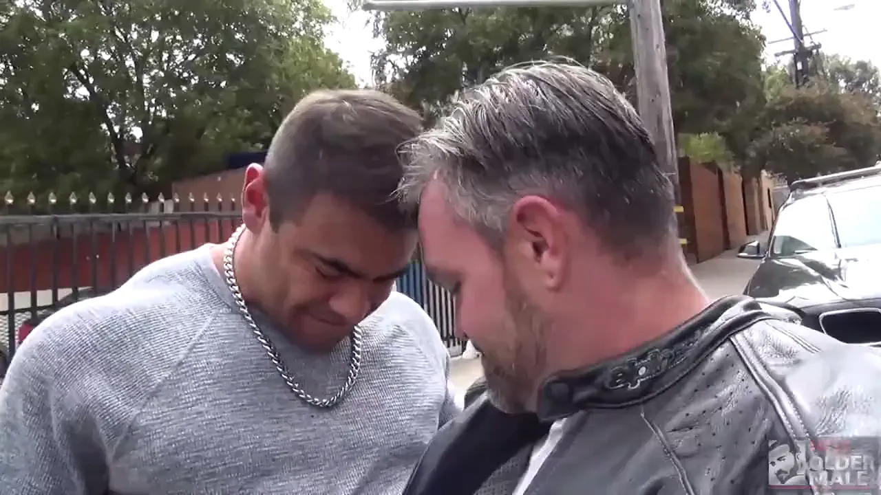 Leather daddy fucks muscle bottom bareback and cums on him
