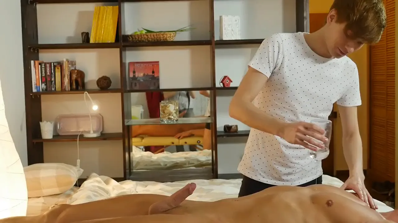 Muscle stud gets a massage from his twink before sucking him off and fucking him in the