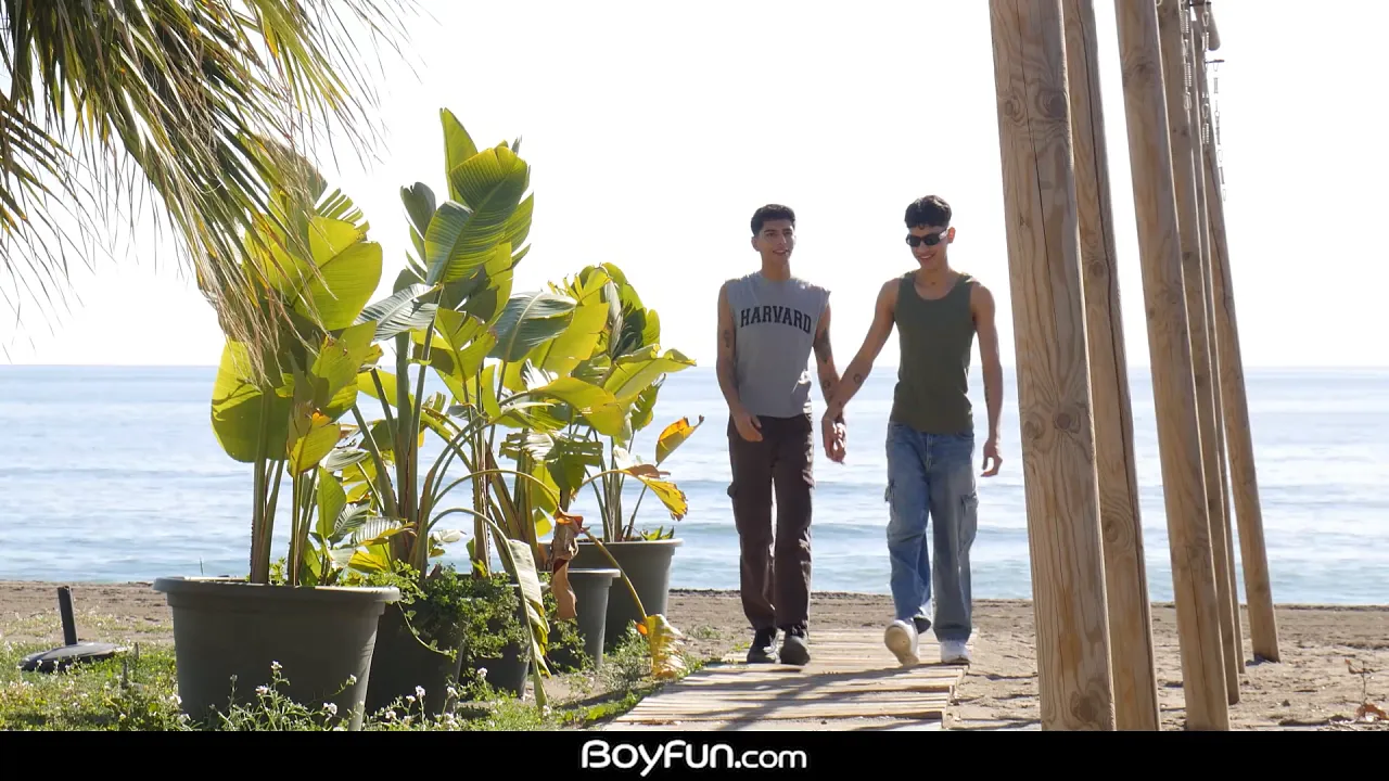 Gay Latino twinks suck and fuck each other's long uncut cocks in public