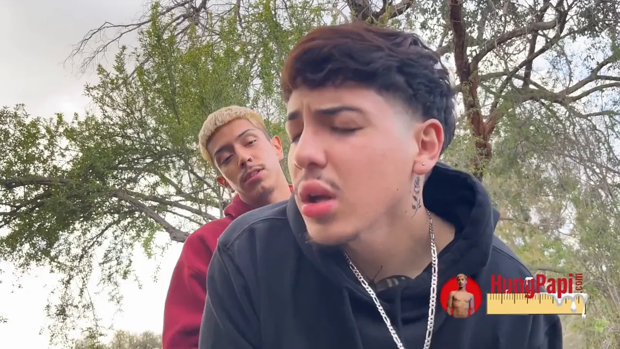 Two uncut twinks have bareback sex in public