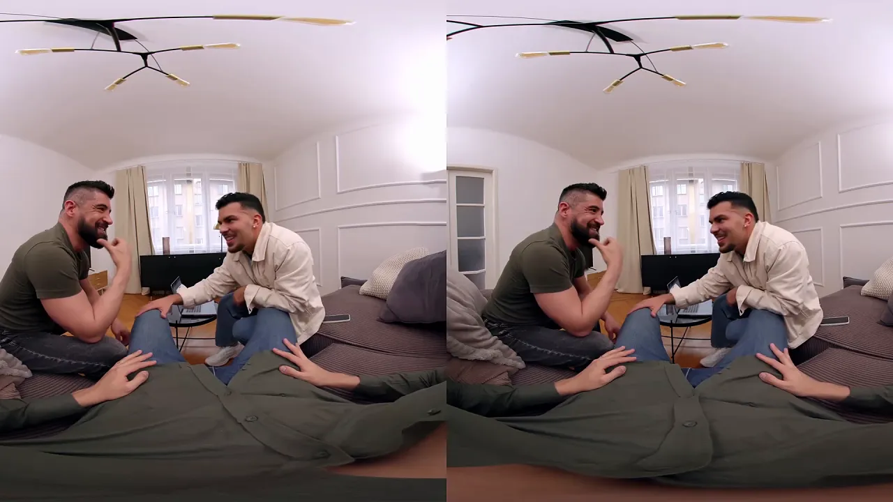 Three tattooed Latino guys have a bareback orgy in a bedroom