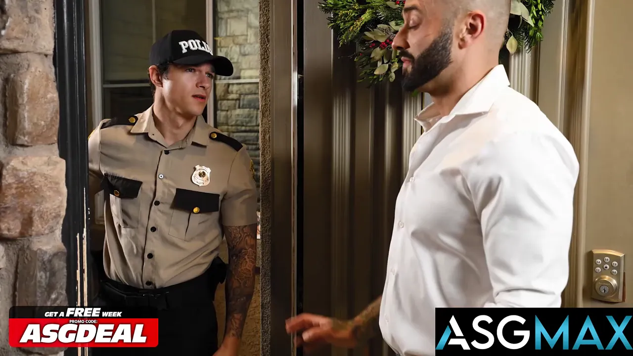 Officer Jayden Marcos fucks and gives a bareback blowjob to Drew in a gay scene