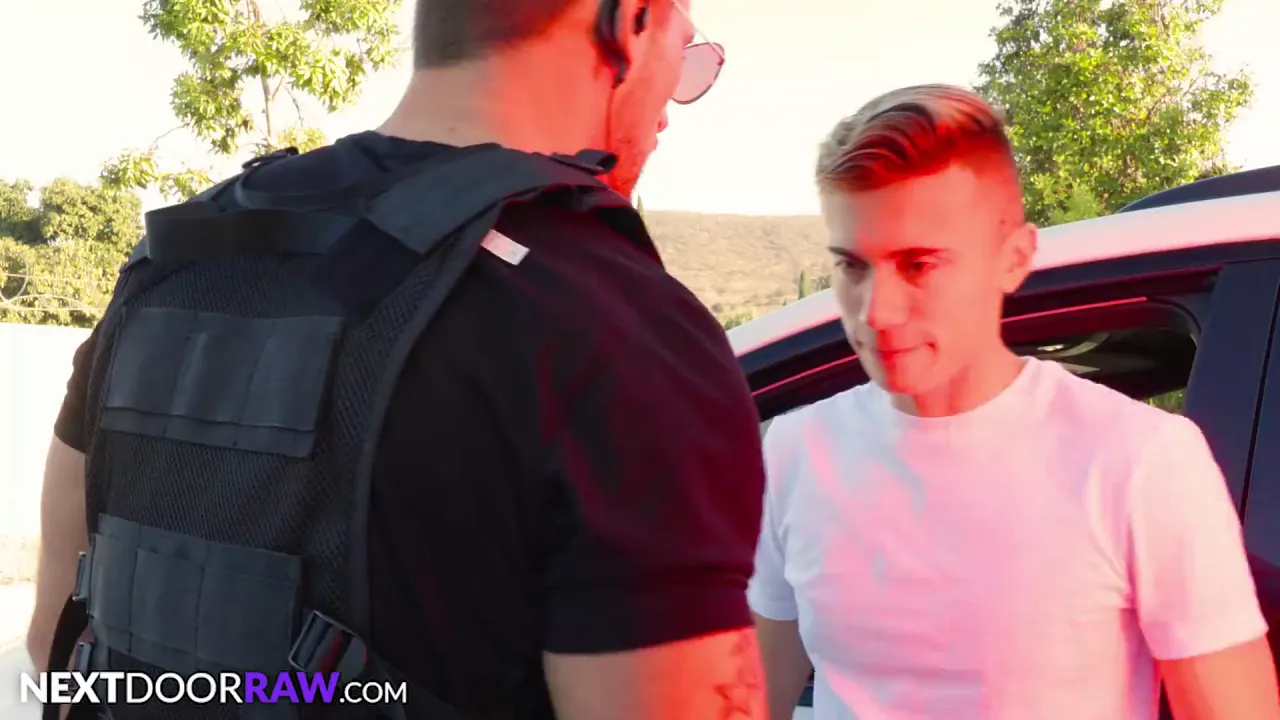 Twink gets caught jerking off by a hot cop, then sucked and fucked bareback