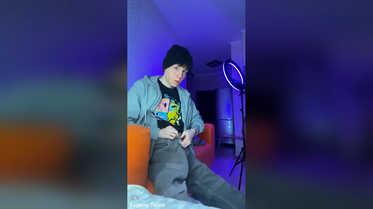 Cute solo twink masturbates and cums hard with long uncut cock