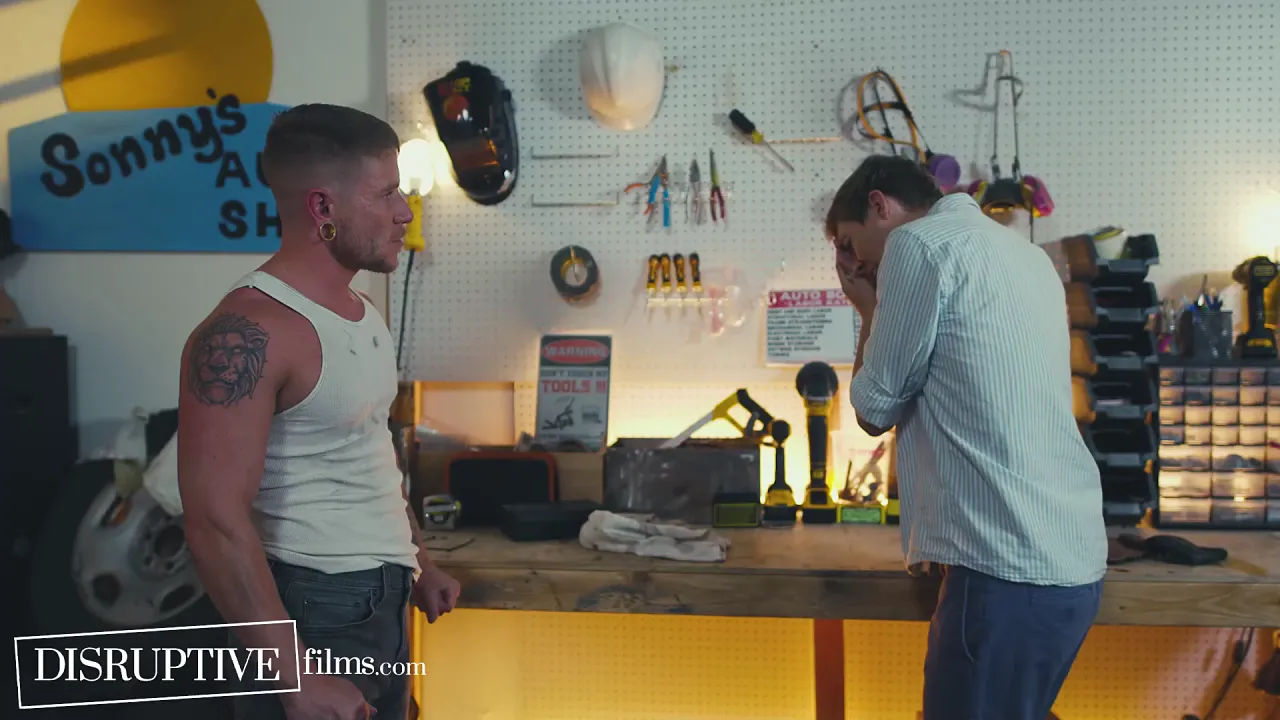 Twink Colt Spence and hunk Jack Bailey have bareback sex in a mechanic's shop