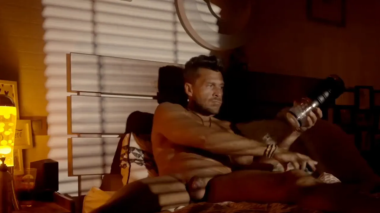 Gay solo male masturbates with automatic stroker toy