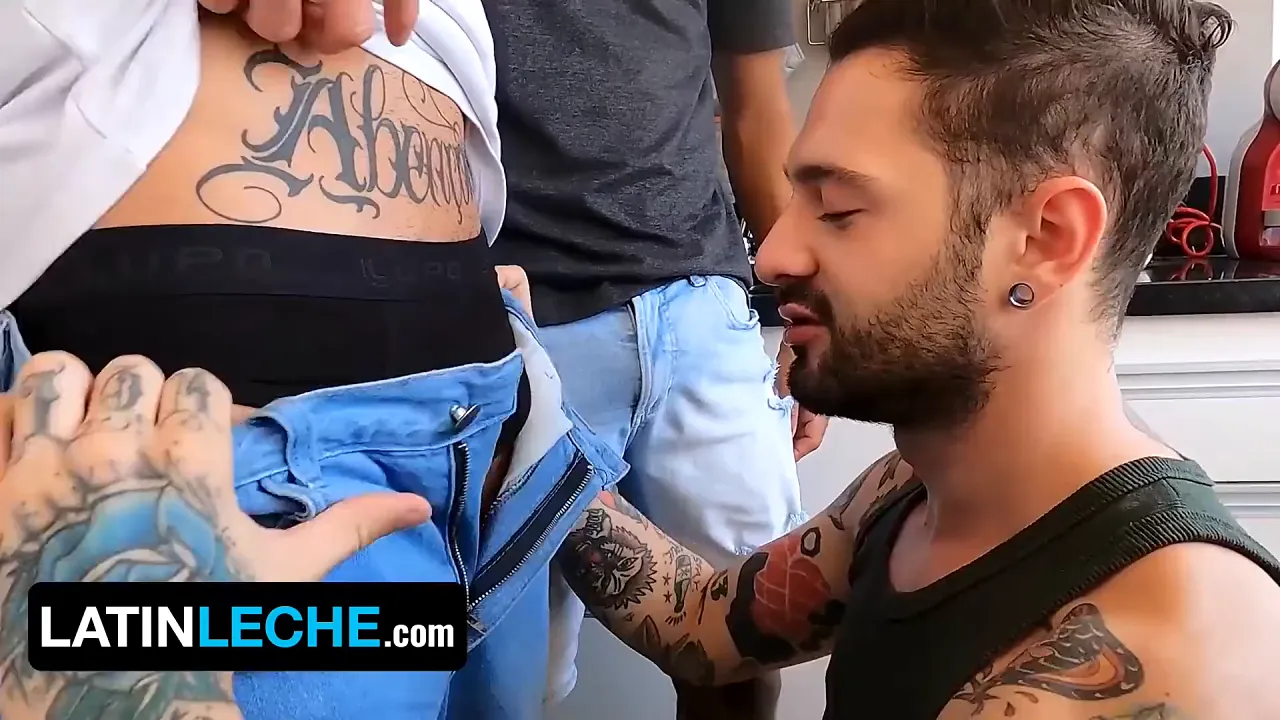 Muscular Latino threesome with anal and bareback sex