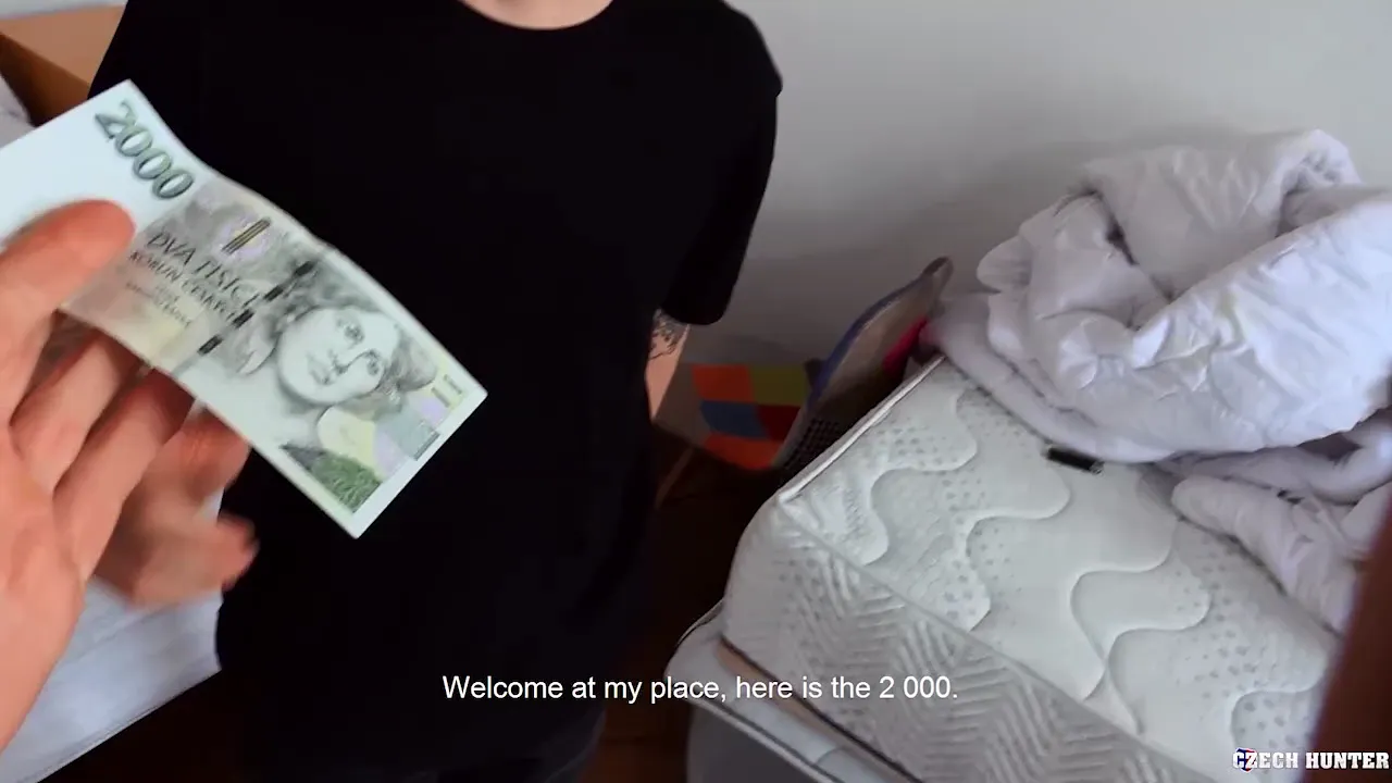 Big-dicked man pays twink to strip, fuck him bareback and jerk off over his face