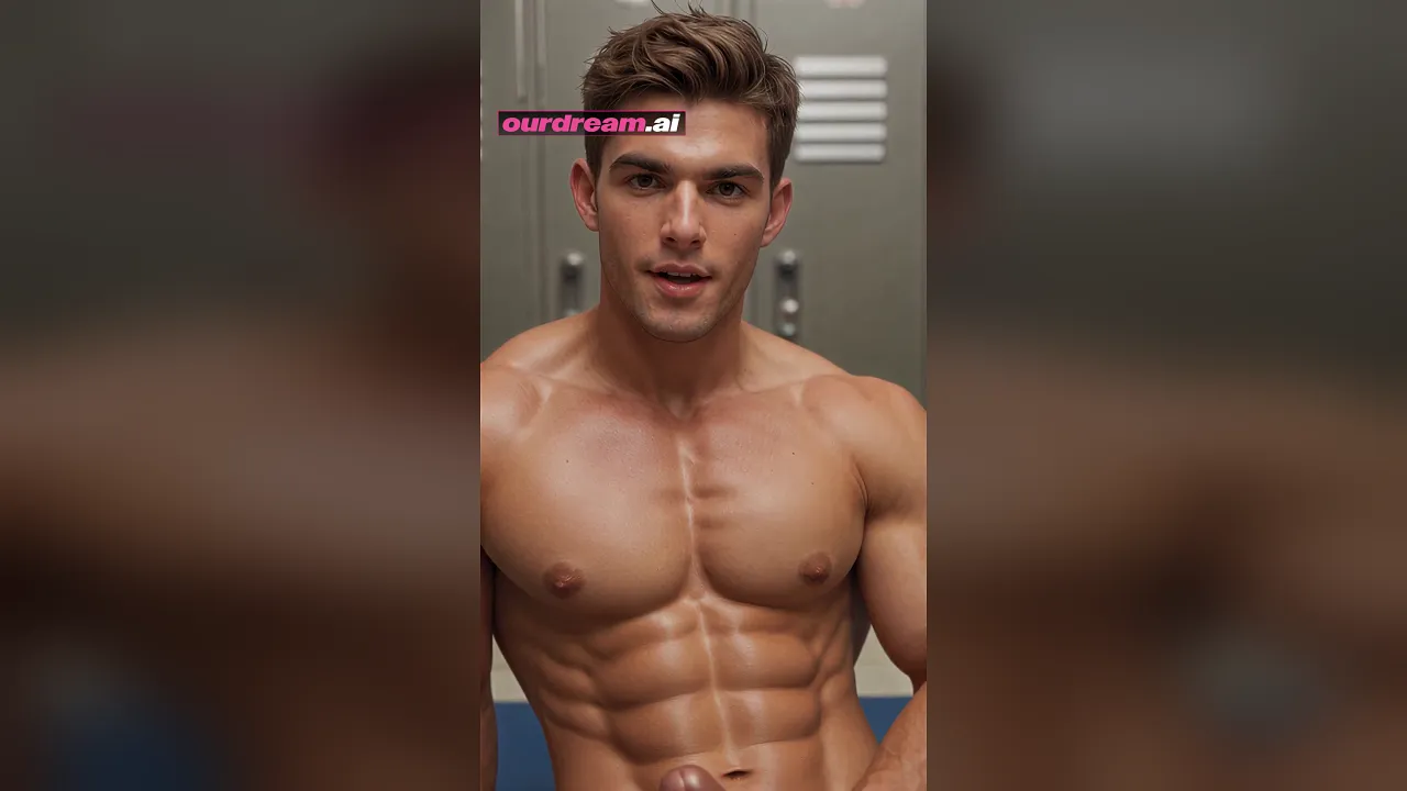 Muscular gay jock Sean masturbates with his big cock in the locker room