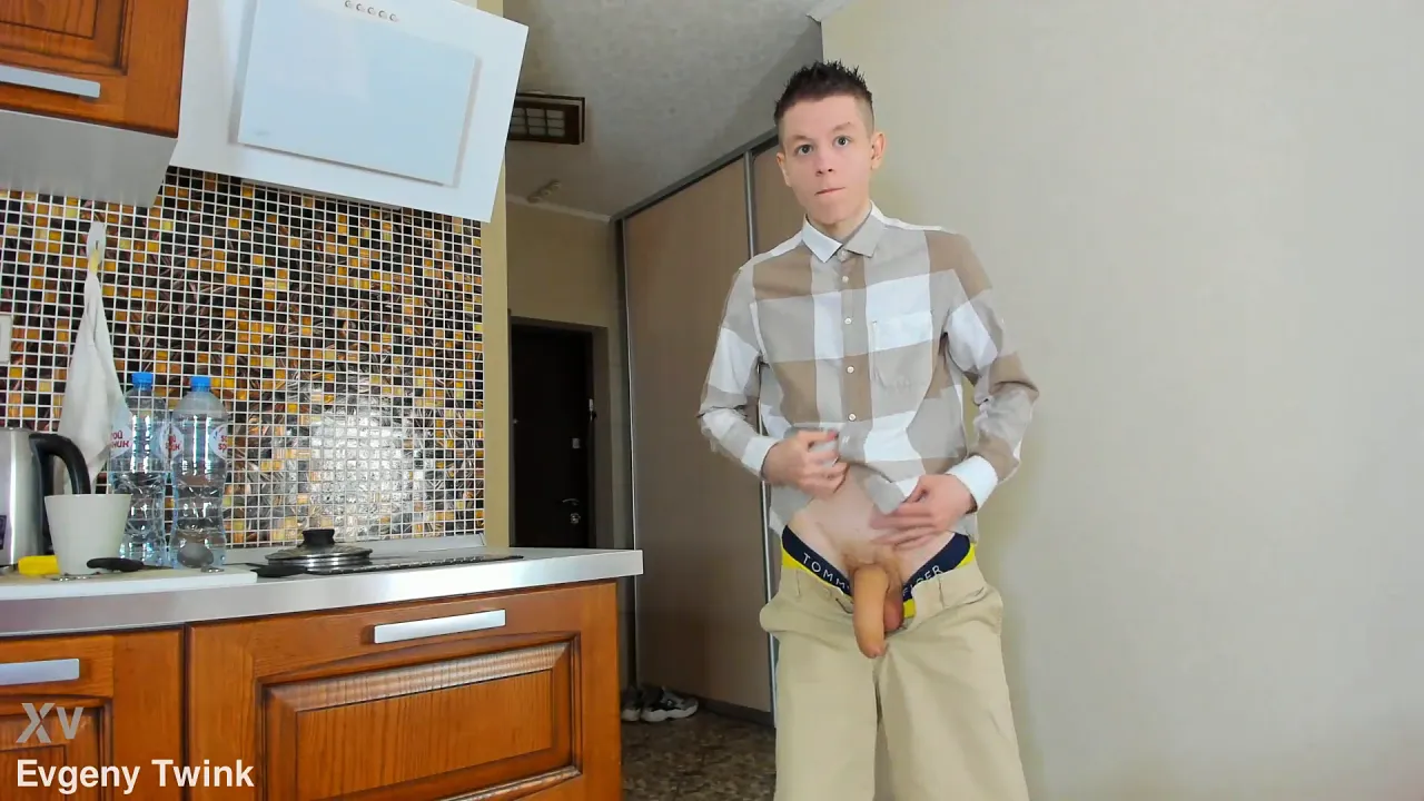 Twink Evgeny jerks off his stiff cock for a sexy cum load