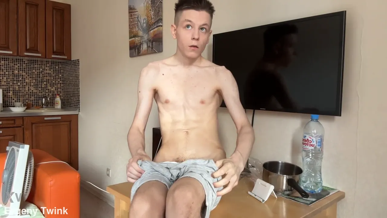 Twink Evgeny teases on cam before taking big cock anal and cumming all over his abs