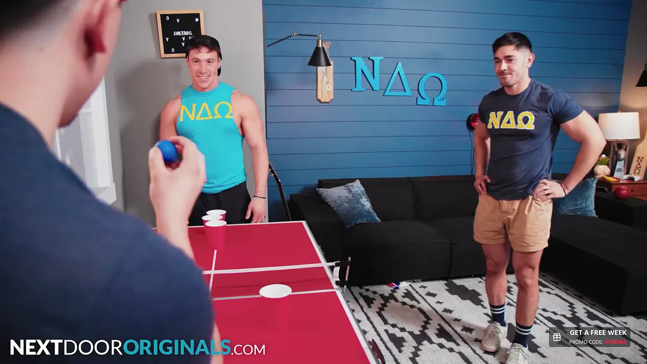 Three muscled fratboys have a bareback fuck train in the college dorms