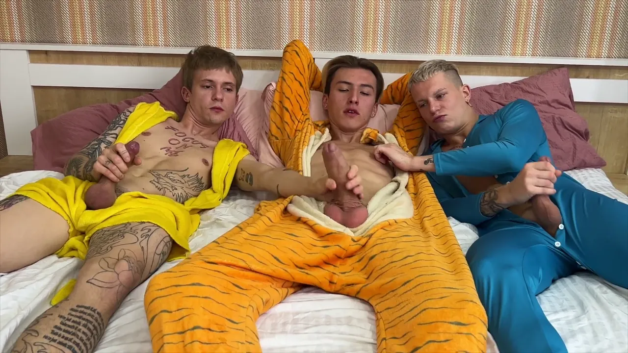 Twinks at a pajama party have bareback group sex, gag each other with big cocks