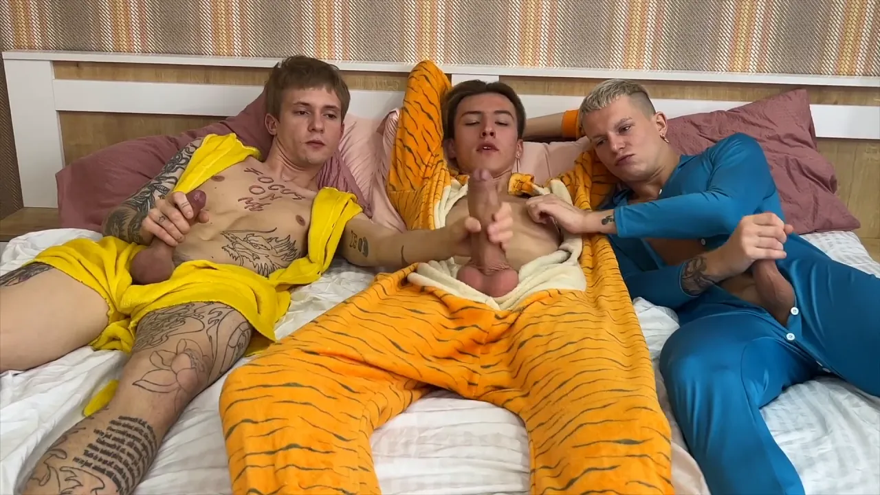 Three twinks fuck bareback at a pajama party