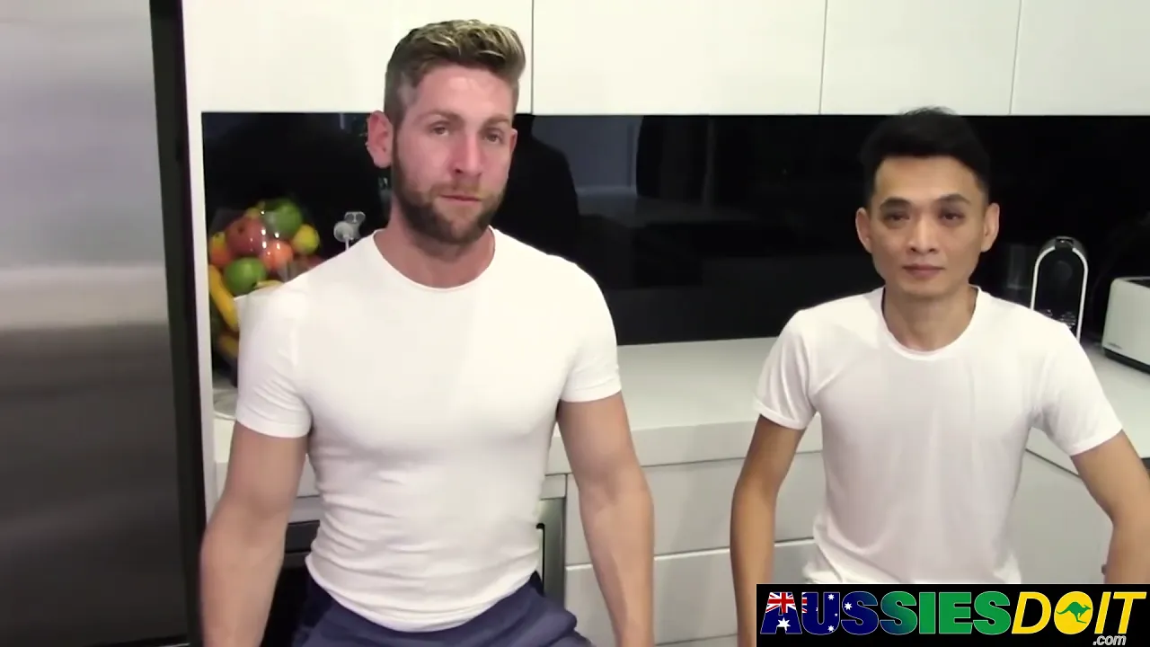 Gay daddy Saint spreads legs wide to take Lawrence's hard cock in a casting blowjob