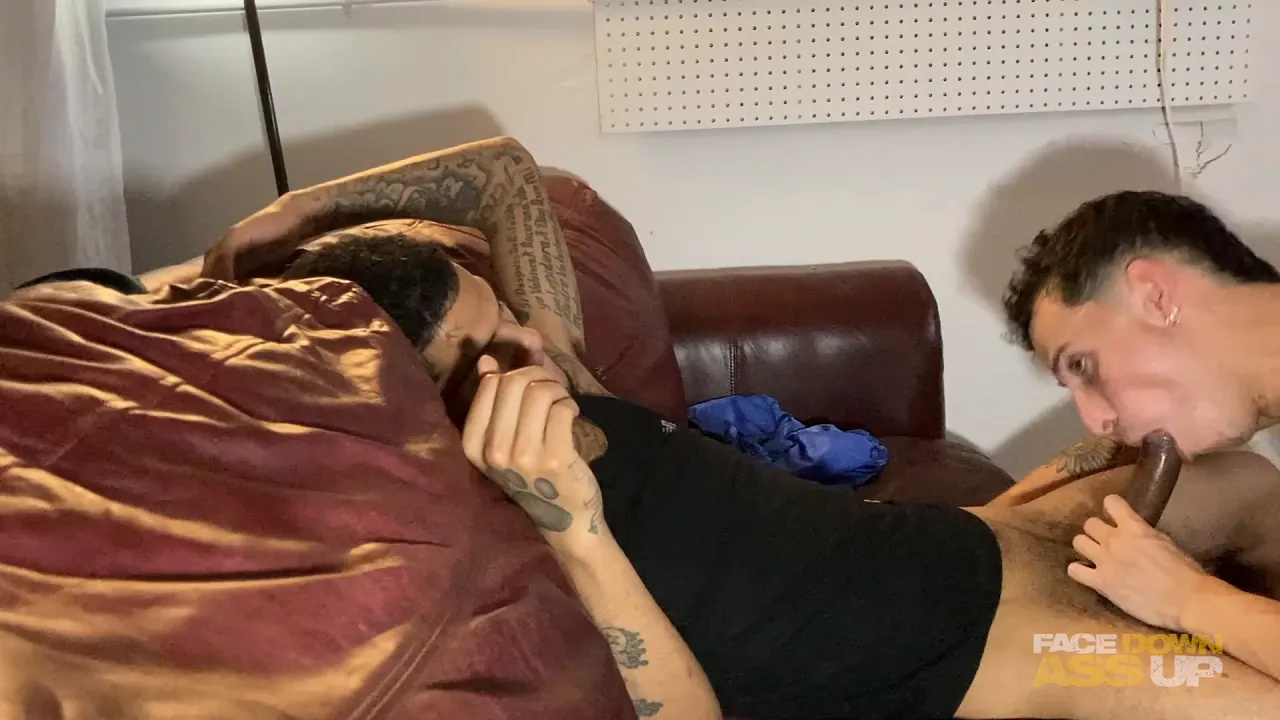 Des Irez and Luca Ambrose fuck Zayne Bright bareback while one gives a rough blowjob