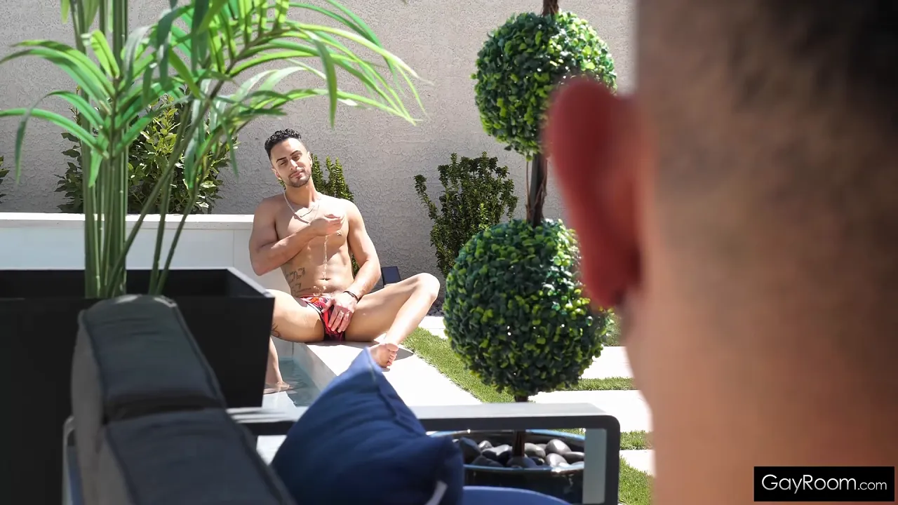 Gay jock gets his asshole massaged and fucked hard after a pool dip