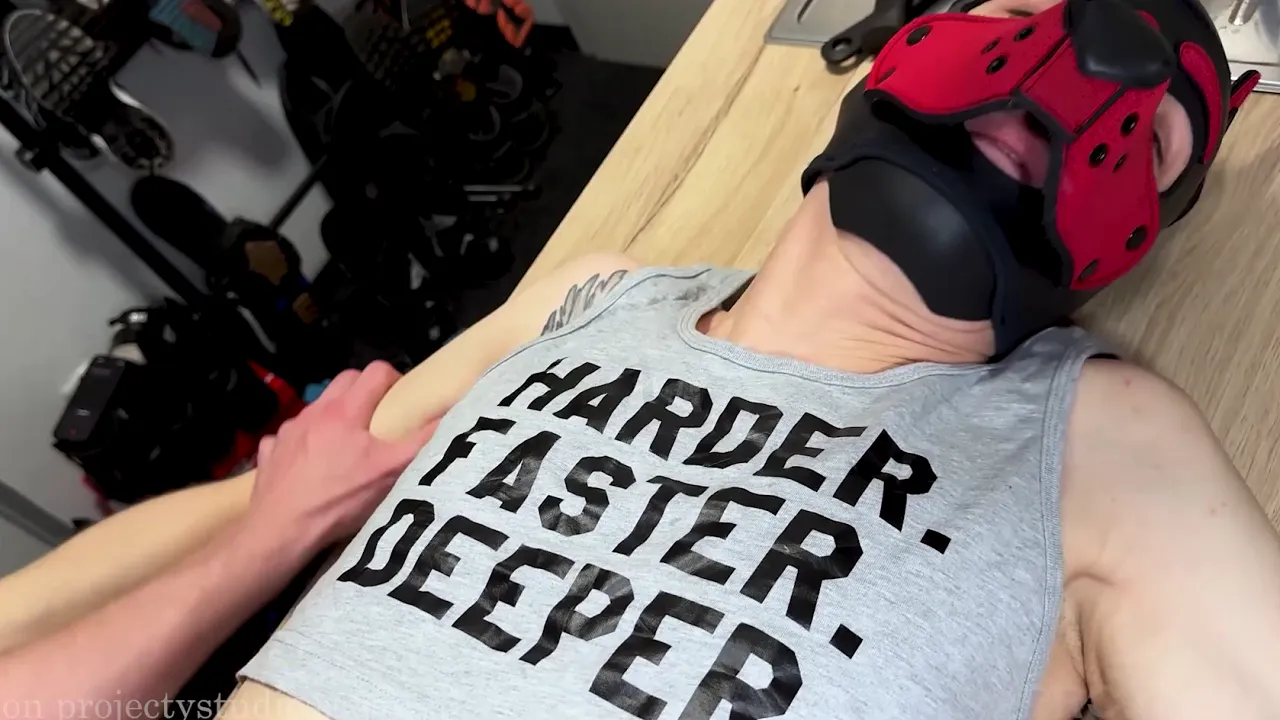 Gay twink sucks and fucks a hung, uncut man bareback in fetish kitchen scene