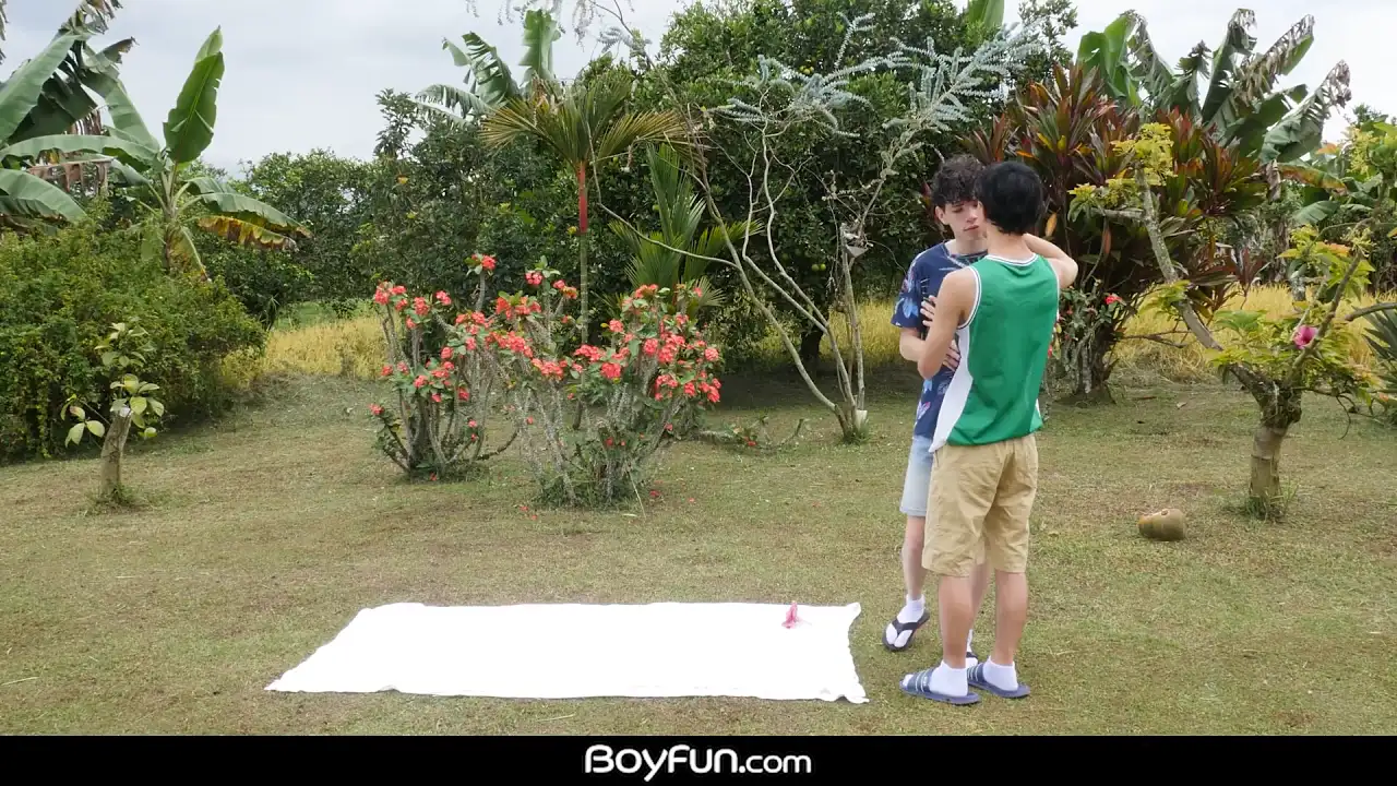 Three Latino twinks suck and fuck each other's uncut cocks in the park