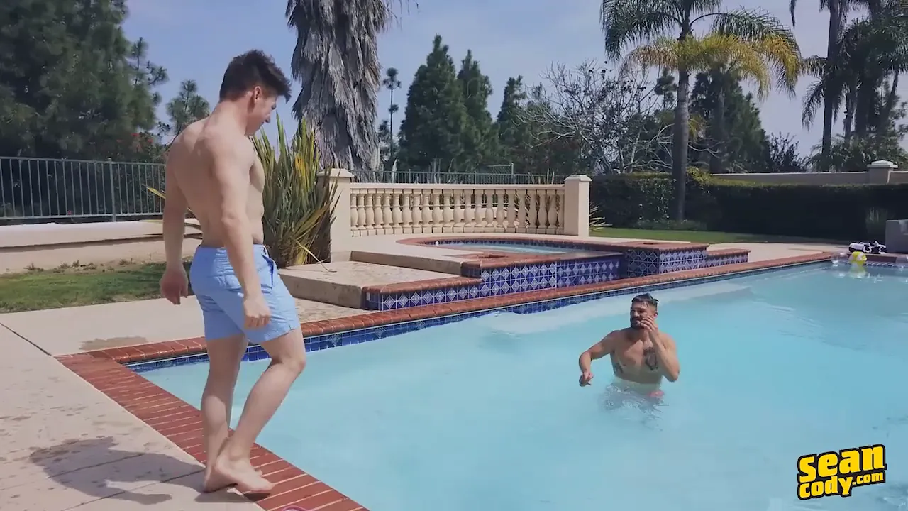 Gay twinks Brysen and Riley have bareback poolside sex with handjobs and blowjobs