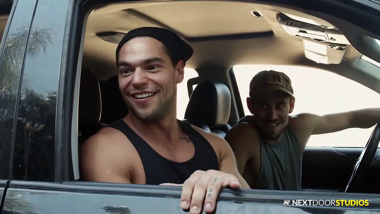 Gay couple deepthroats and facefucks muscular hitchhiker in spit roast double blowjob