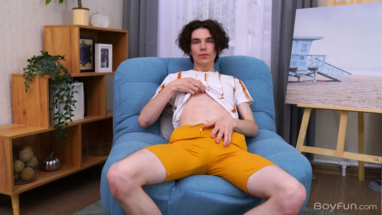 Young twink masturbates with his huge uncut cock until he cums