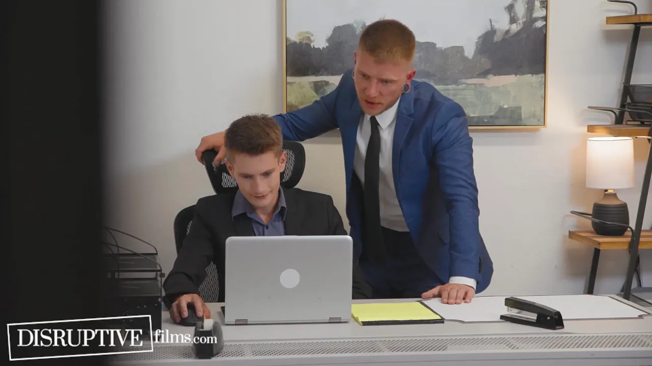 Twinks Colt Spence and Trevor Harris have secret bareback sex in the office after hours