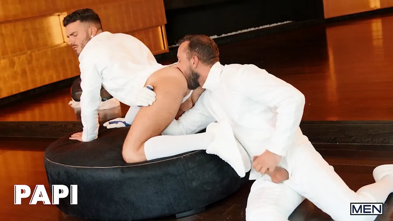 Gay bareback scene with Sir Peter and Pol Prince, ending in a rough cumshot