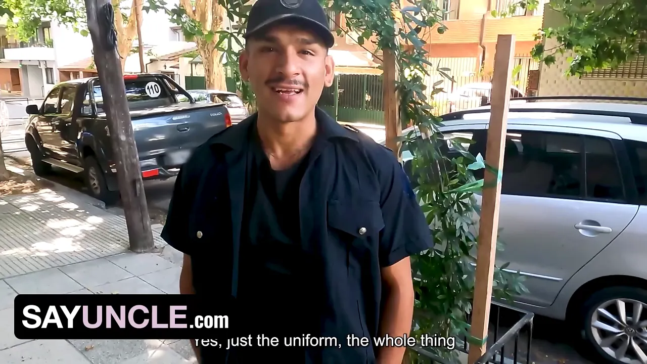 Latino twink Alan begs officer Alex B to fuck him bareback