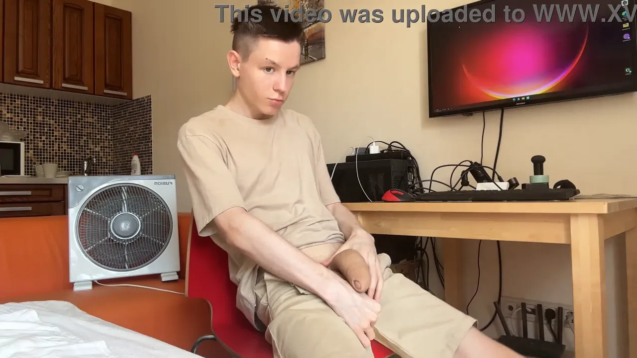 Young twink masturbates and jerks off a huge cock until he cums