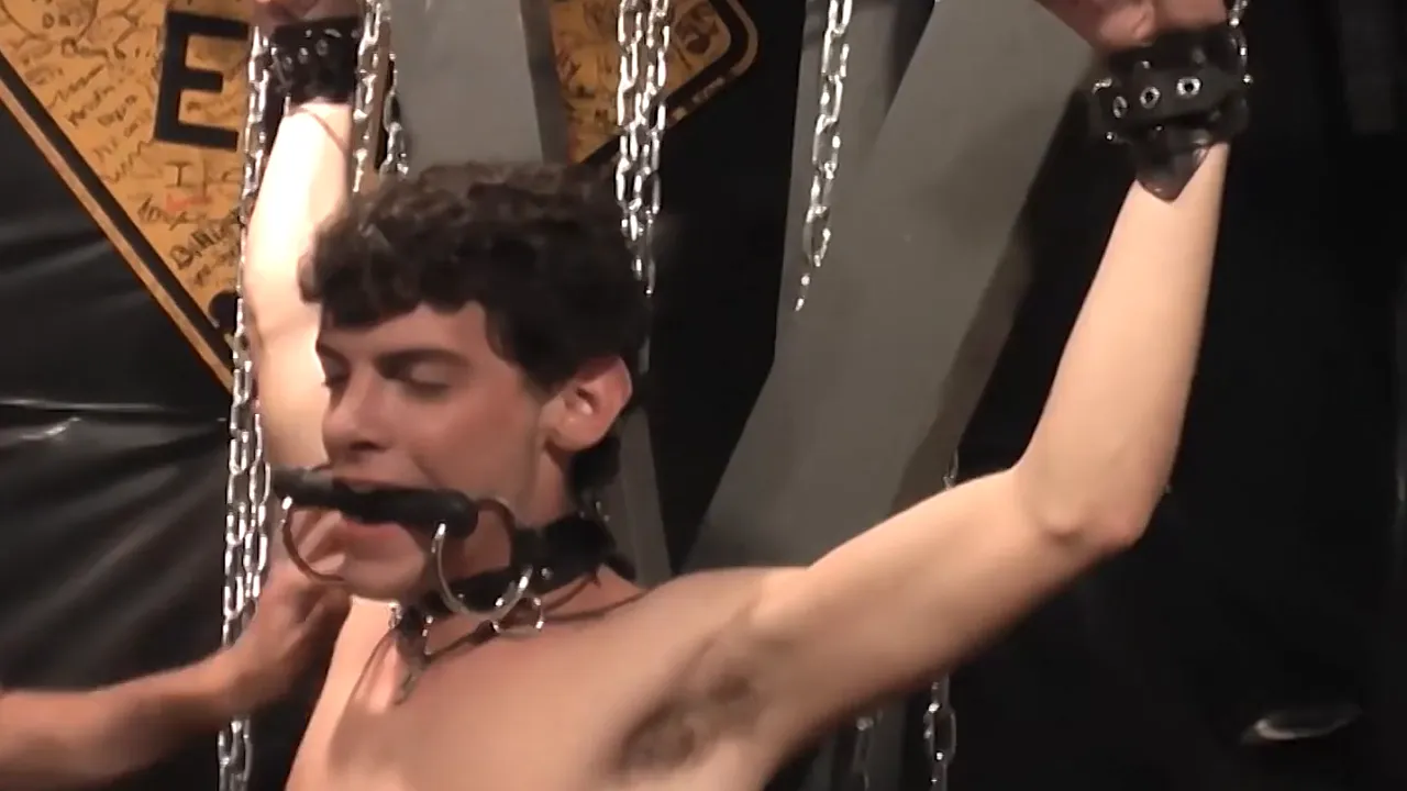 Gay dominant Brendon Meyers gives LT Mkay a handjob while tied up