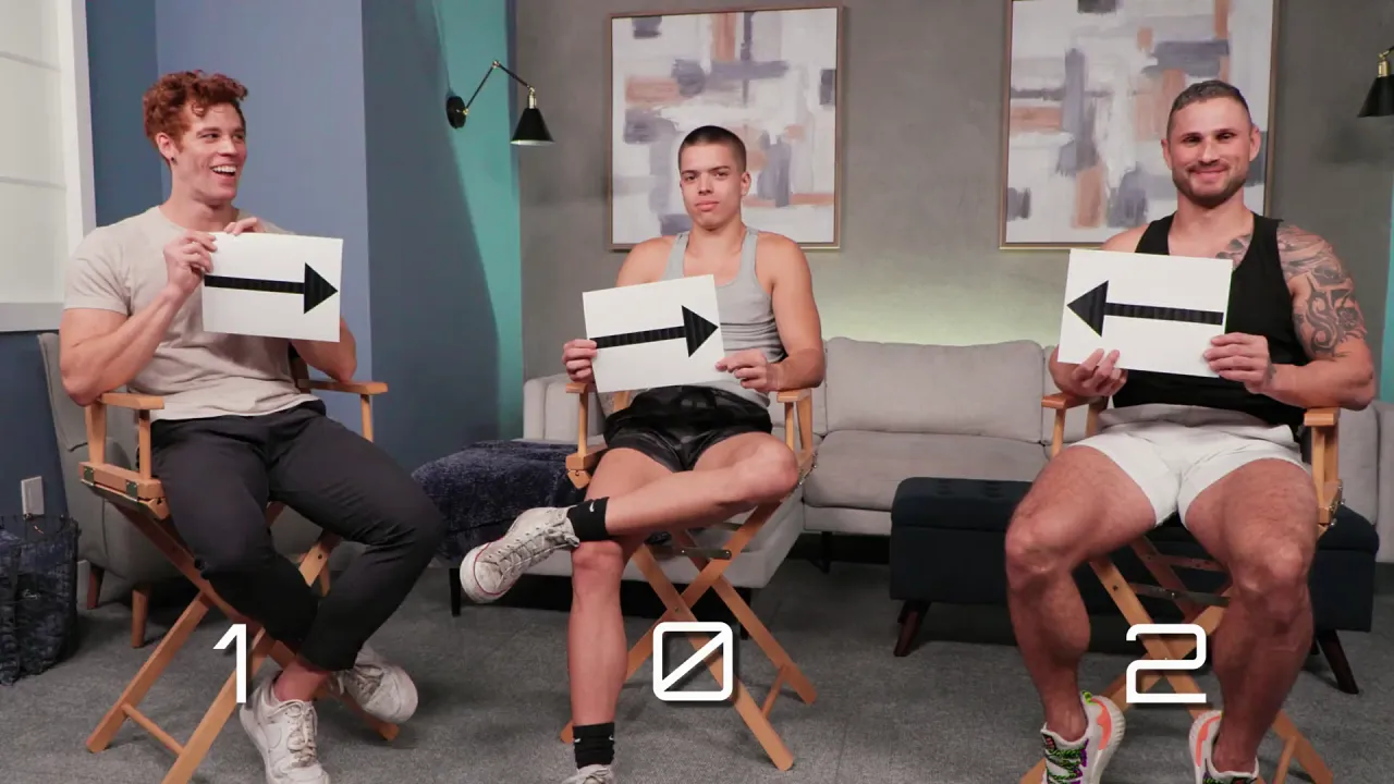 Muscular men Chris White and Evan Knoxx have bareback sex with hung jock Blain O'Connor