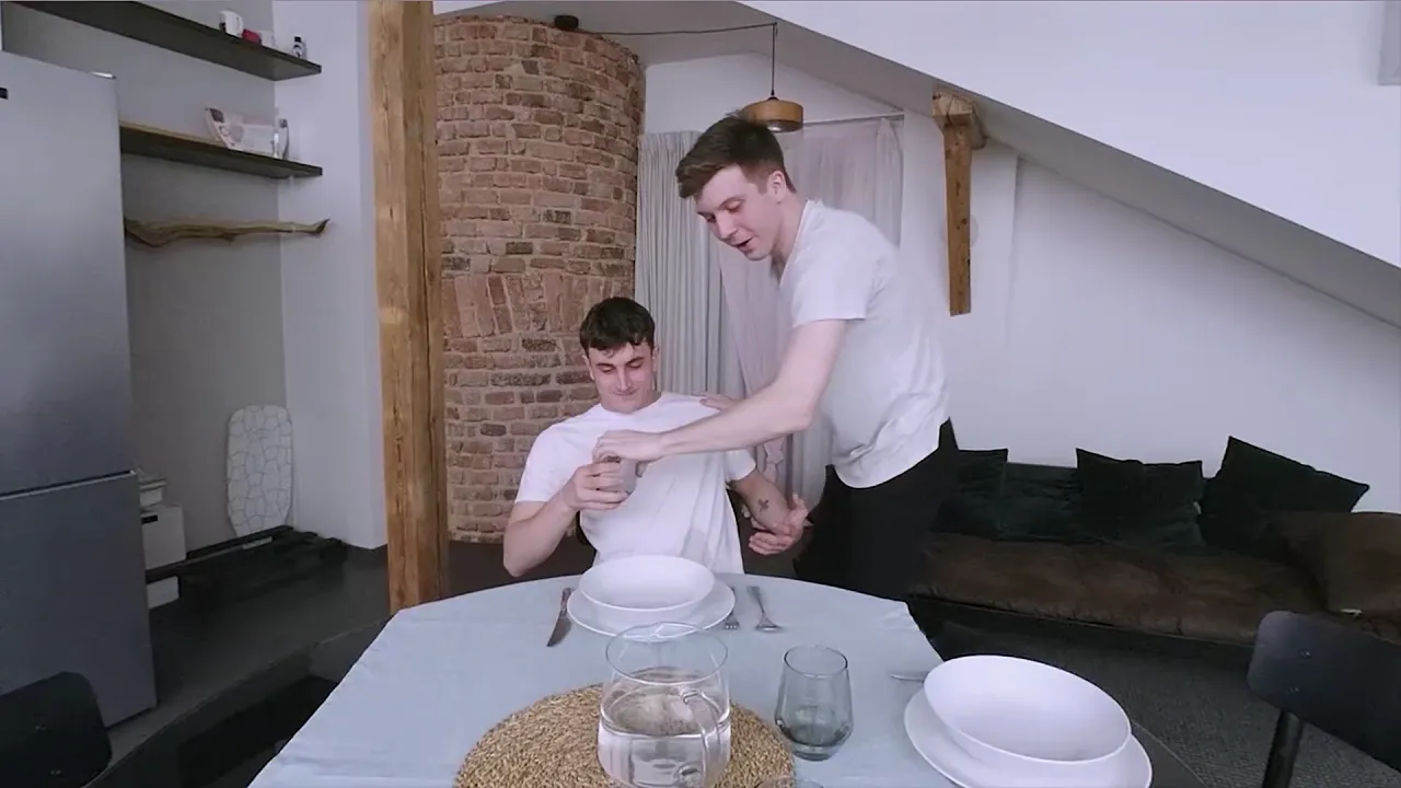 College boy invited to dinner turns into surprise gay bareback threesome