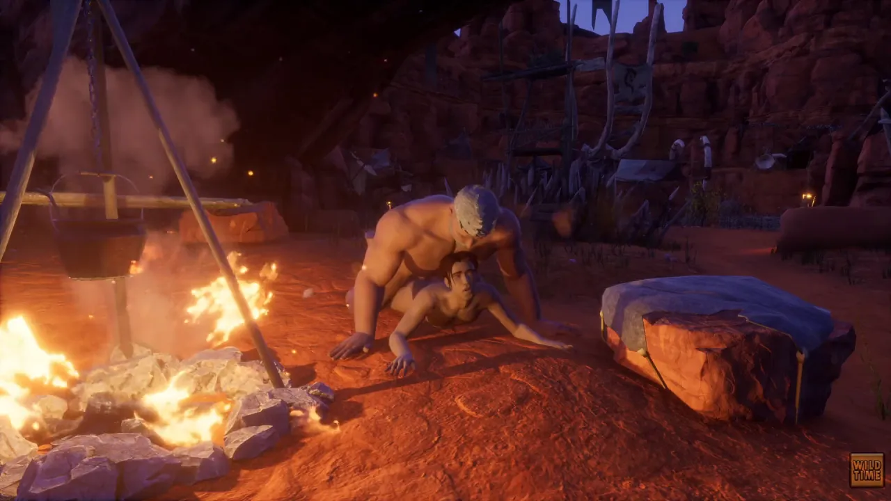 Huge muscle guy fucks Max bareback by the campfire