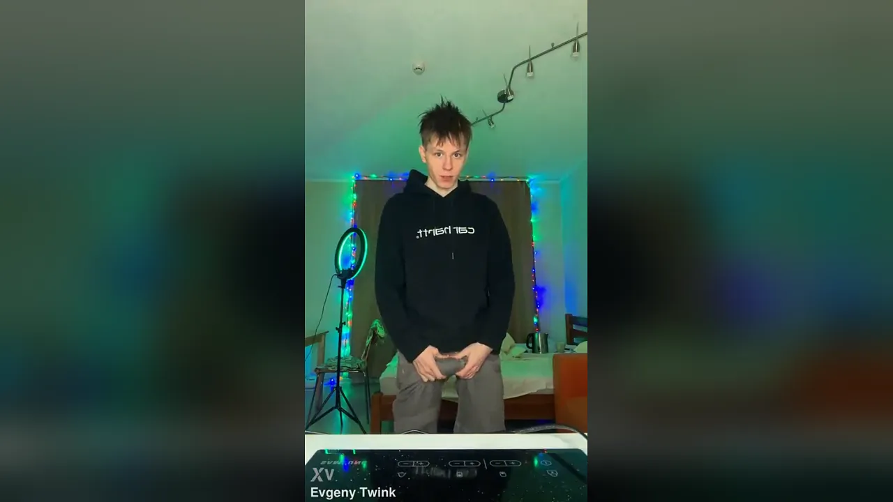 Student twink Evgeny jerks off with his huge uncut cock in solo video