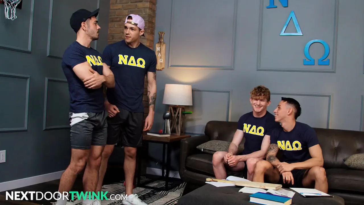 Muscular college hunks Des Irez and Max Lorde have bareback group sex with a twink