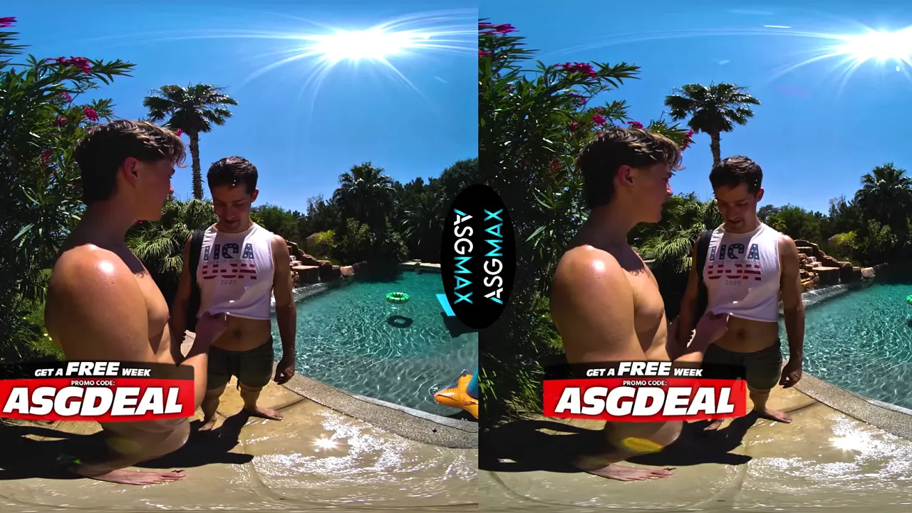 Gay virtual reality video shows Eddie Patrick's big cock as Oliver Marks takes him hard