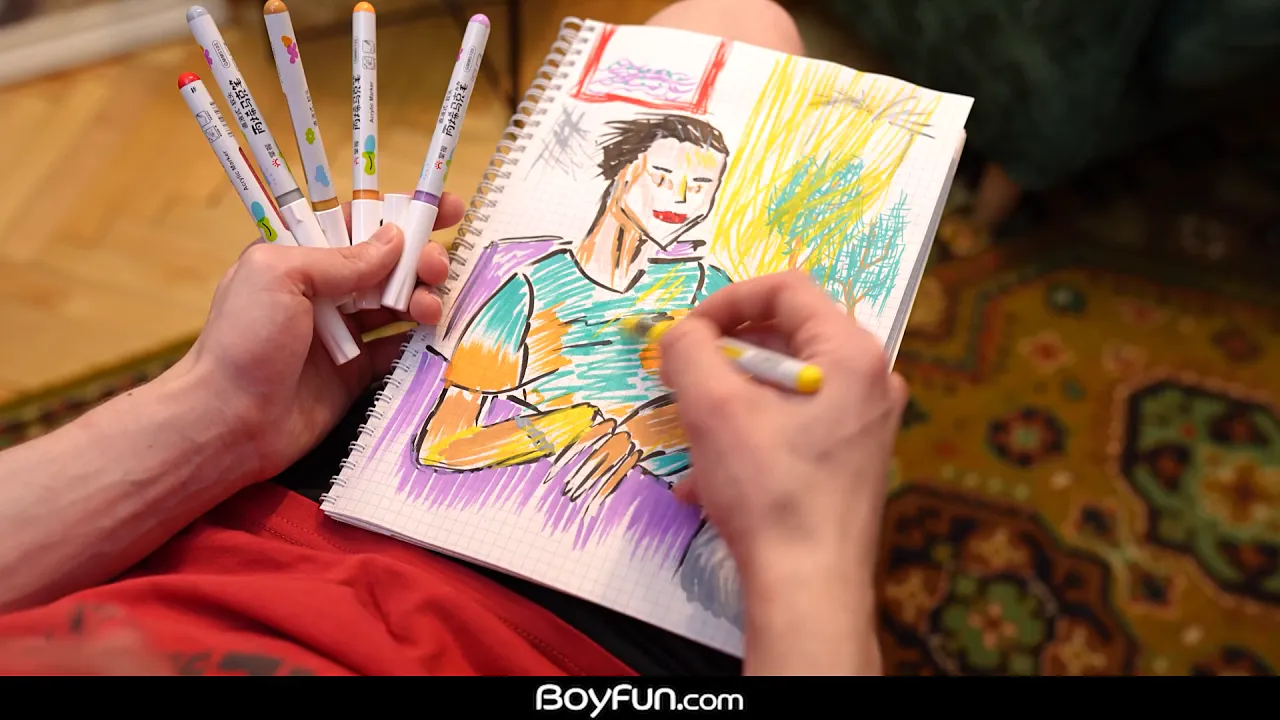 Twink with a big uncut cock gets abandoned by his art for a bareback blowjob and cum