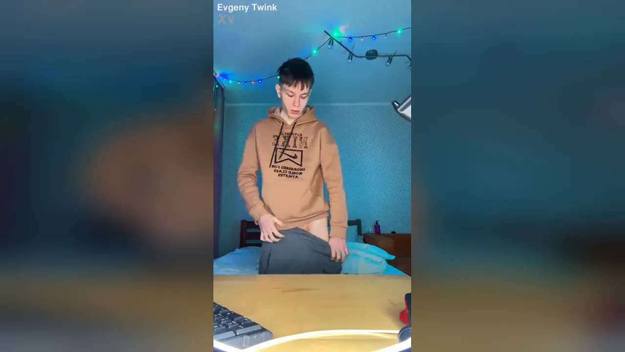 Student twink masturbates with huge uncut cock on roommate's side of the bed