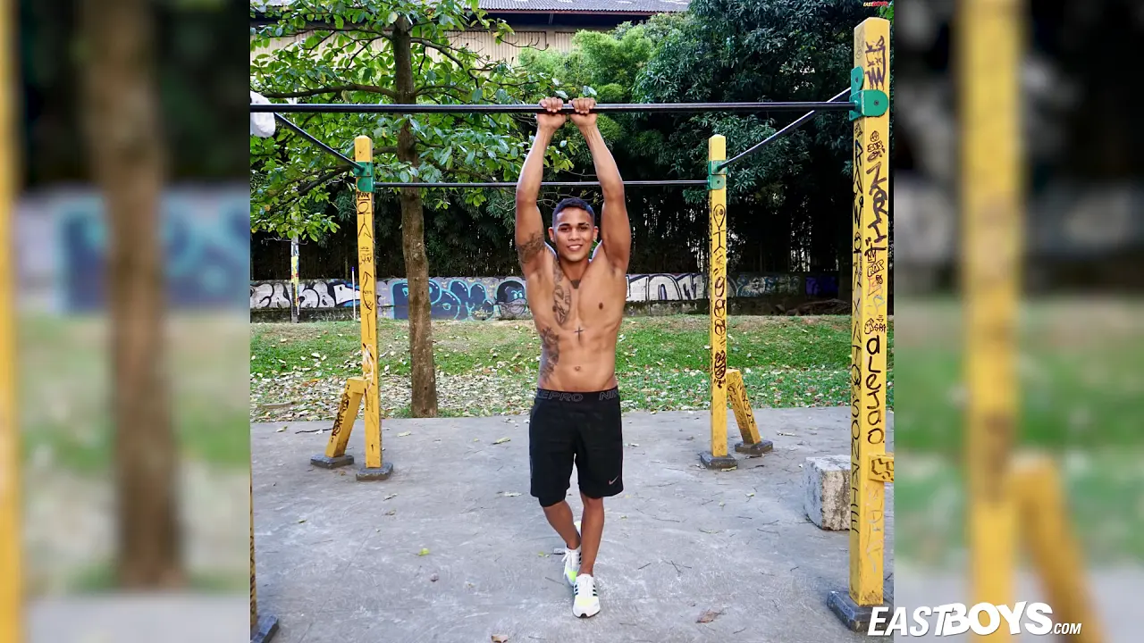 Muscle Latino twink takes solo muscle fetish photos on campus