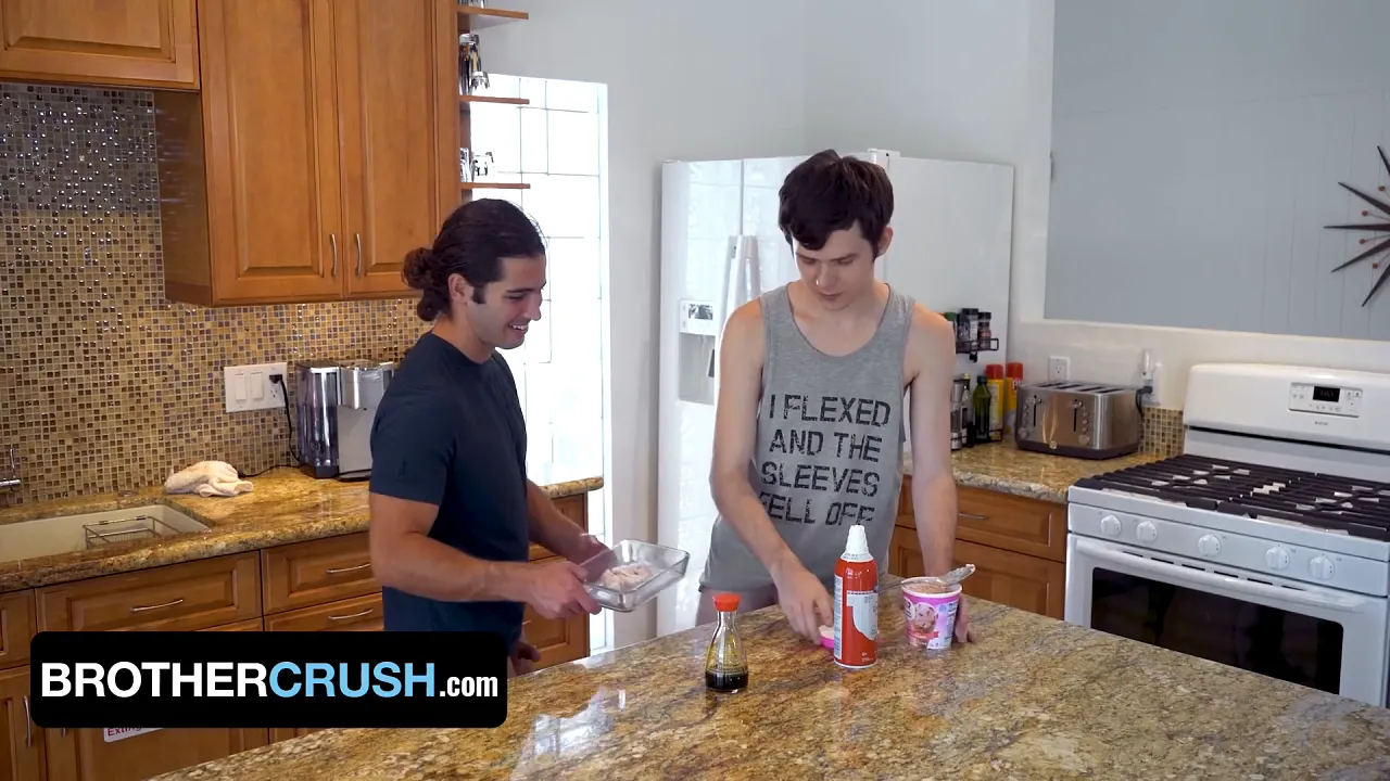 Gay bear Brett Baker and his bareback hookup Dakota Lovell film a TikTok video about