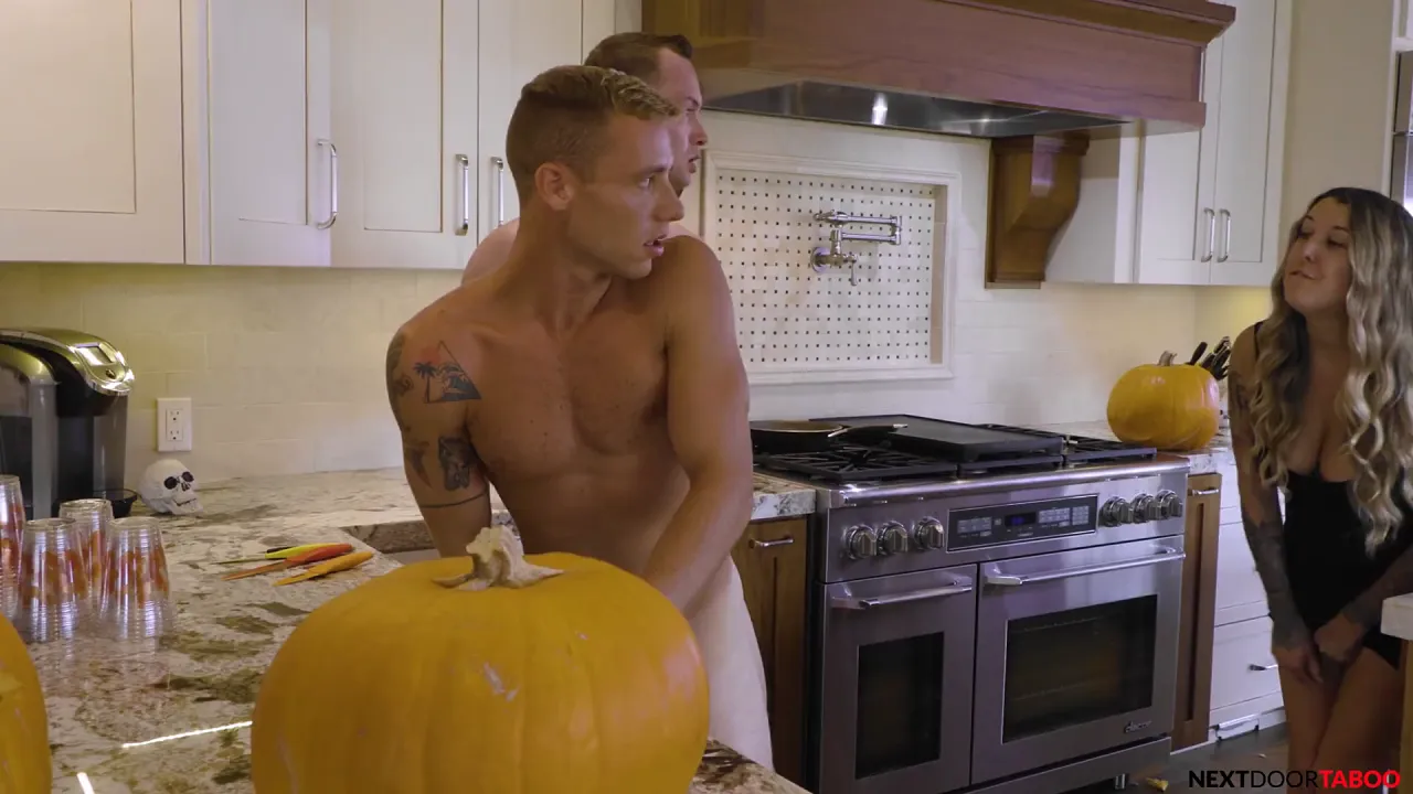 Stepbrother jerks off into pumpkin next to girlfriend, gets a blowjob and cumshots from