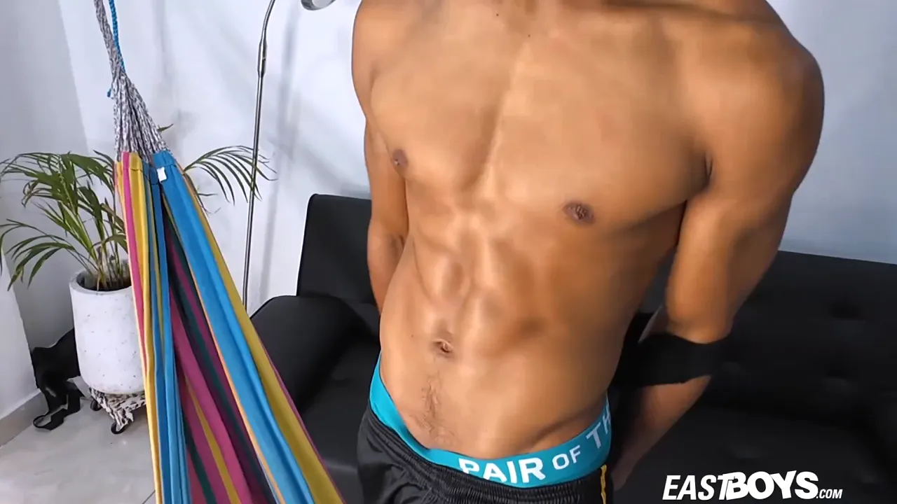 Muscular Latino college boy wanks his big twink cock and plays with his ass