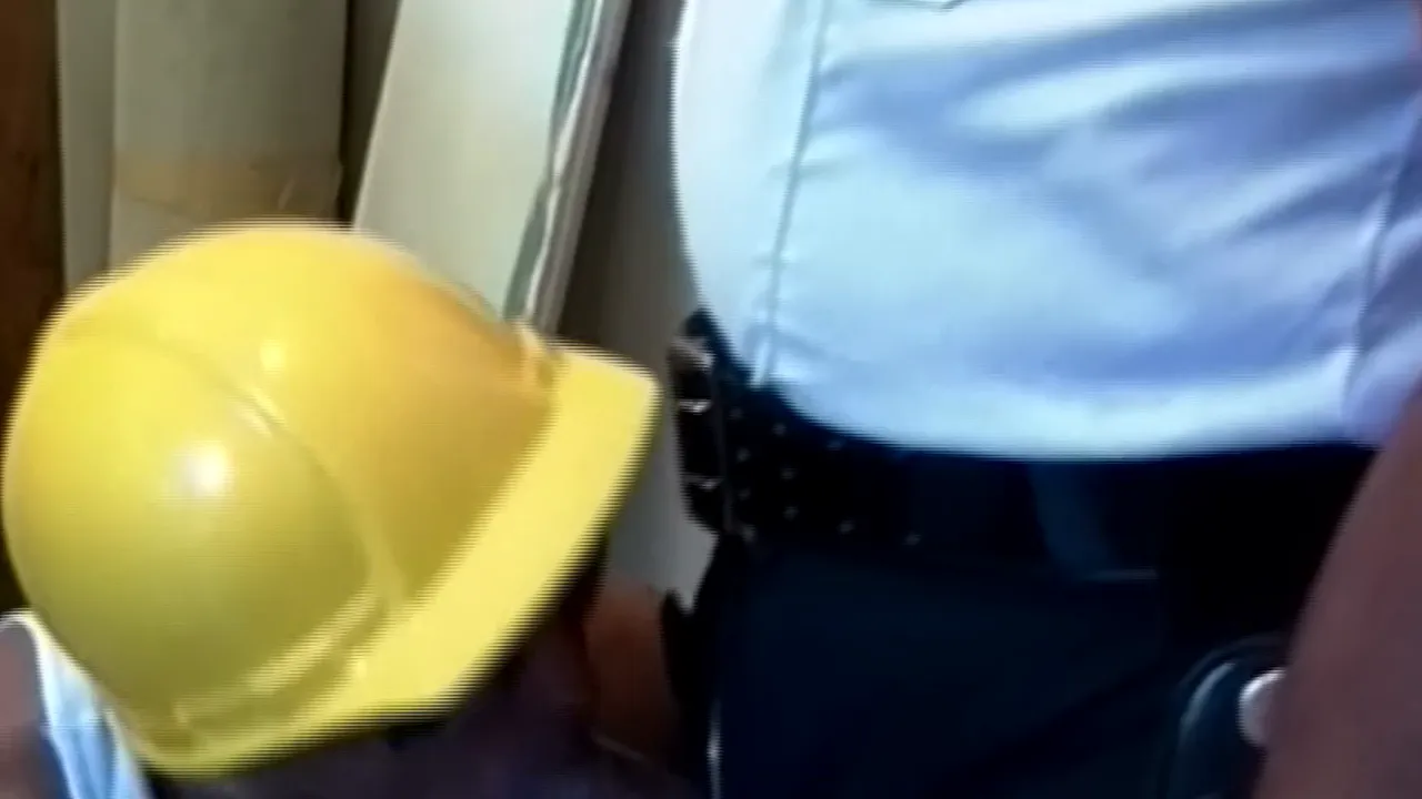 Horny Latino cop gets his cock sucked and masturbates at a construction site