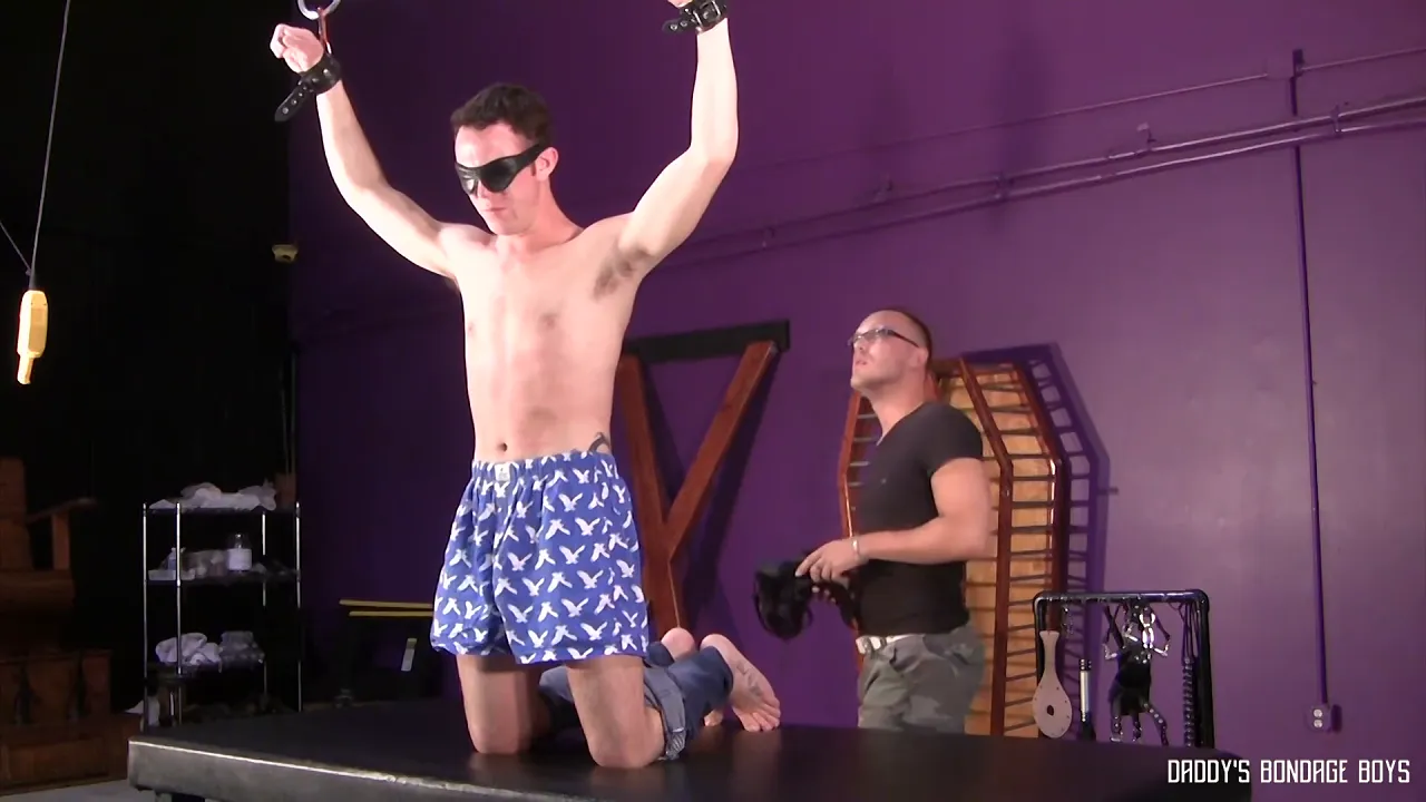 Alec Black bound on his knees, taking a huge gay daddy cock